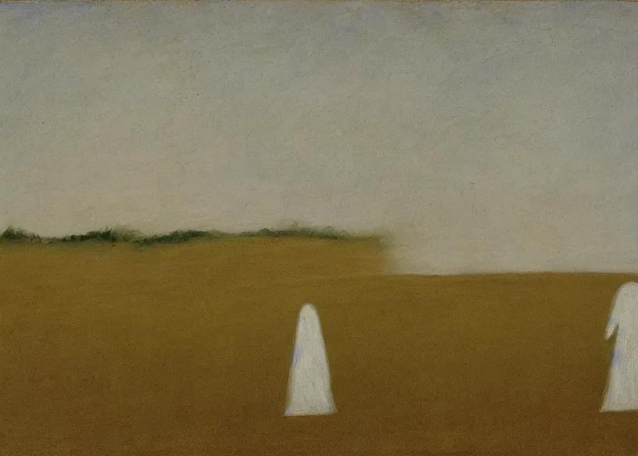 Image similar to white sheet ghost standing in an empty field, by jean charlot