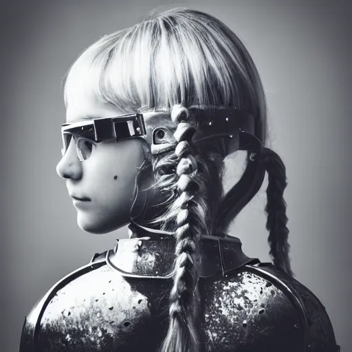 Prompt: young teen female knight in shiny armor. She has pigtails. She has cool round glasses. black and white photo