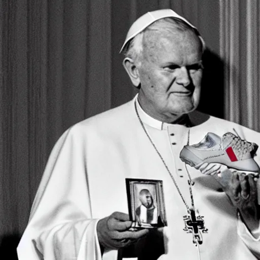 Image similar to john paul ii holding a yeezy sneaker, admiring it