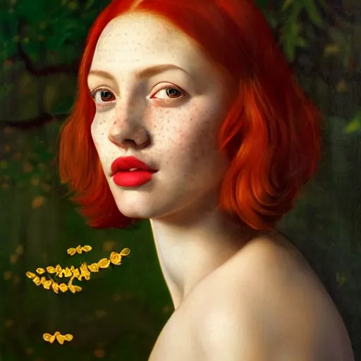 Image similar to a highly detailed portrait of a red haired young woman, among golden fireflies and nature, deep green eyes, hint of freckles, round gentle face, cheeky smile with red lips, deep focus, smooth, sharp, golden ratio, elegant, hyper realistic art by artemisia lomi gentileschi, caravaggio and sakimichan