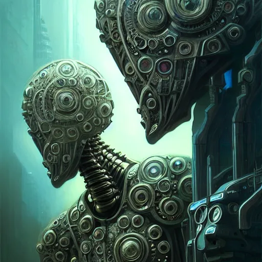 Image similar to low angle shot of a fractal cyberpunk gazmask robot character, intricate, elegant, highly detailed, centered, digital painting, artstation, concept art, smooth, sharp focus, illustration, artgerm, Tomasz Alen Kopera, Peter Mohrbacher, donato giancola, Joseph Christian Leyendecker, WLOP, Boris Vallejo