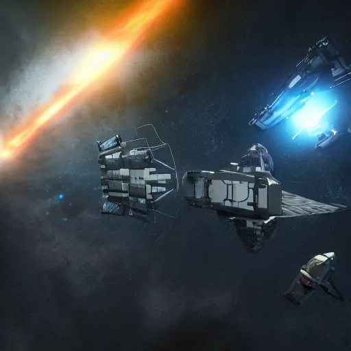 Image similar to dramtic spacecraft battle scene, sci-fi movie shot, ultra detailed, octane render, laser fire, explosions, 8k