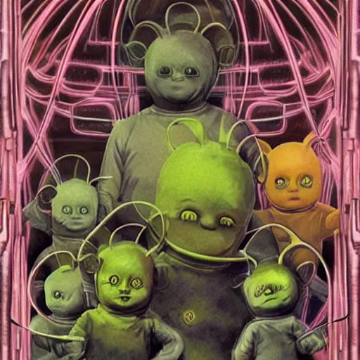 Image similar to detailed realistic science fiction illustration of teletubbies, in the style of h r giger and wayne barlowe