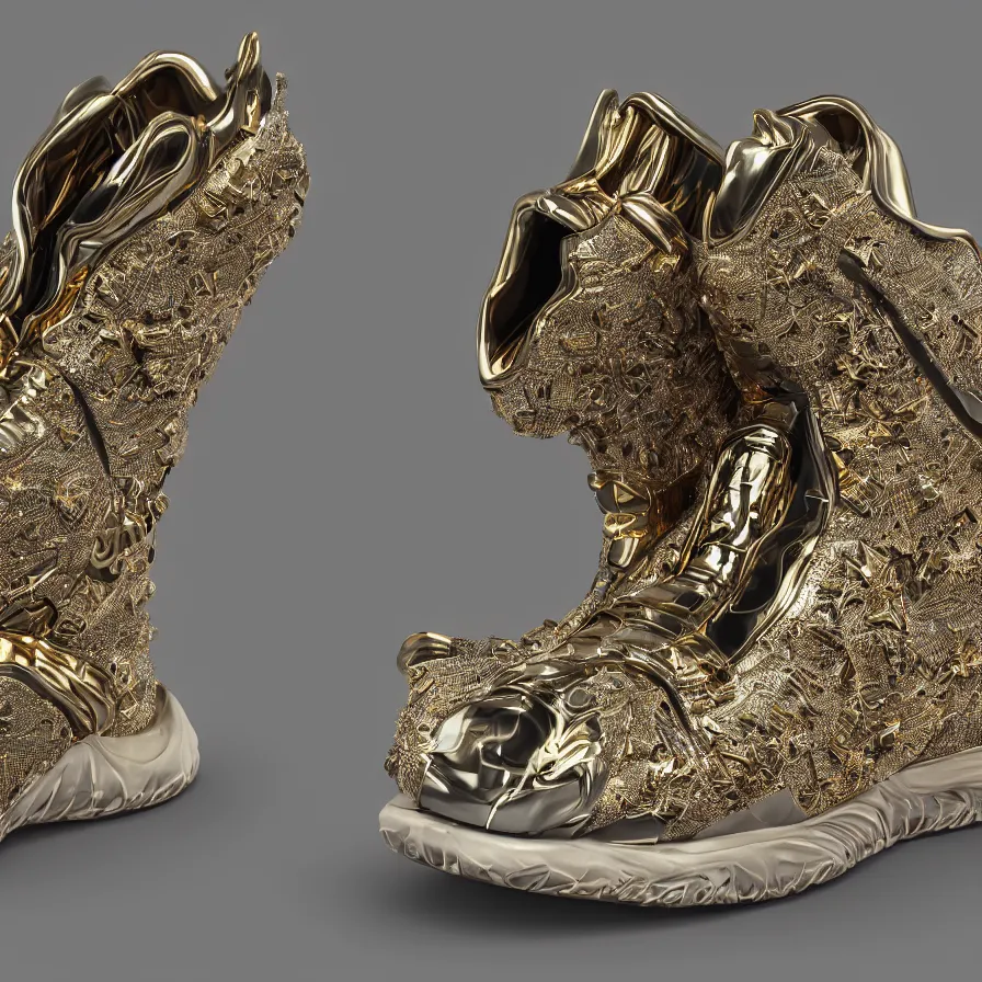 Image similar to futuristic balenciaga sneakers, nft art, highly detailed, hyper realistic, a ton of bussdown iced gold bling in wallace & gromit strata - cut claymation, ultra realistic, concept art, intricate details, serious, highly detailed, photorealistic, octane render, 8 k, unreal engine