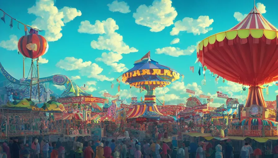 Image similar to A highly detailed matte painting of an old fashioned carnival with a bright shimmering sky by Studio Ghibli, Mokoto Shinkai, by Artgerm, by beeple, volumetric lighting, octane render, 4K resolution, trending on artstation, vivid colours