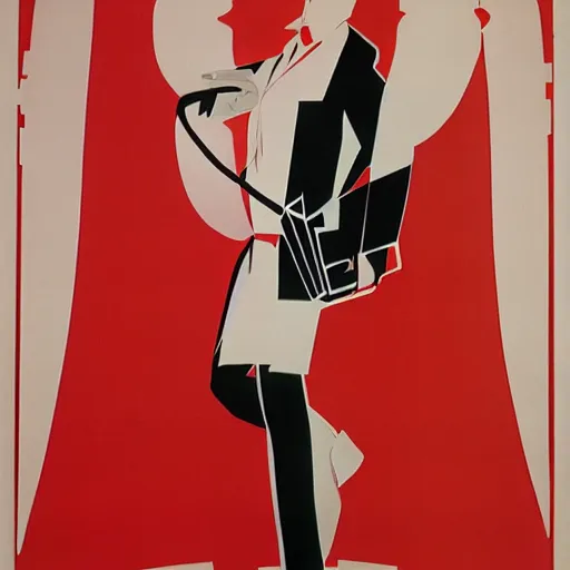 Prompt: man in futurist lab, 6 0 s ´ s design, leyendecker style, red and white walls