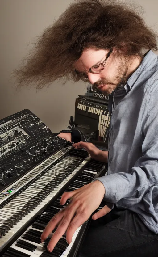 Prompt: portrait of extremely frustrated male electronic serialist compser with long brown hair in front of his broken synthesizer, all ruined, expressionist photo, masculine, brutal