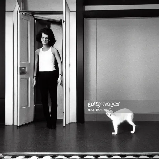 Image similar to detailed professional photographic portrait of young Sigourney Weaver wearing a white singlet and her cat moving apartment New York City 1983, building entrance way Art Deco,, cinematic feel, high octane