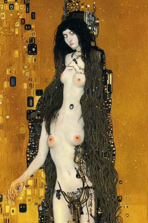 Image similar to beautiful young gothic maiden, cyberpunk, highly detailed, artstation, illustration, art by Gustav Klimt