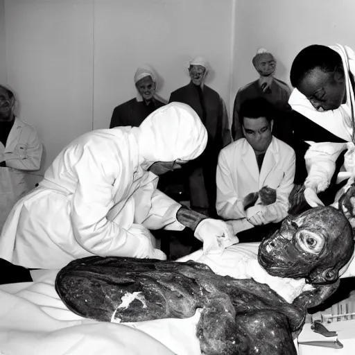 Prompt: doctors performing an autopsy on a dead alien in a white room, black and white photo