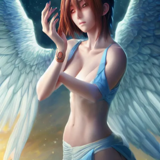 Image similar to an oil painting of a beautiful anime girl with angel wings, by artgerm, hd, hdr, ue 5, ue 6, unreal engine 5, cinematic 4 k wallpaper, 8 k, ultra detailed, high resolution, artstation, award winning