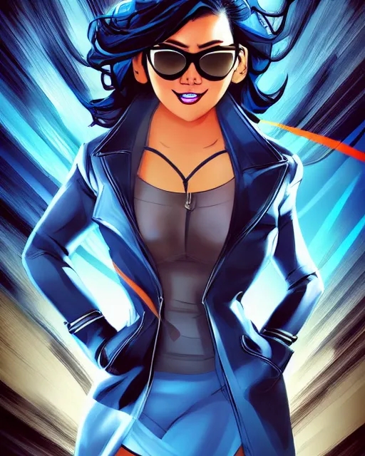 Prompt: thick chubby filipina superhero, long black trench coat, sunglasses, sly grin, fully clothed, exaggerated perspective, flying toward camera, beautiful detailed face, bright blue hair, action pose, comic book style, highly detailed, dynamic shadows, dynamic lighting, geoff johns, jason fabok, jason fabok, brad anderson, splash art