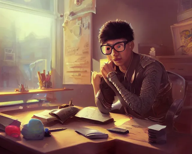 Image similar to an insanely detailed painting of a nerdy asian man wearing a superhero costume, sitting at a desk, staring at the nervously at the computer and typing, in the style of peter mohrbacher, dramatic lighting and composition, surreal background, octane render, pixar, trending on artstation, concept art, comic book, view from behind