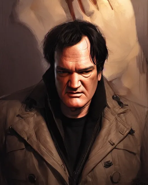 Image similar to portrait of quentin tarantino, real life skin, intricate artwork, high detailed, artstation, concept art, smooth, sharp focus, art by artgerm and greg rutkowski @ ruprechy