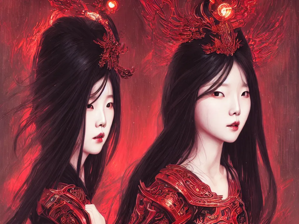 Image similar to portrait han so hee korean actress, wearings black and red samurai armor, in temple firefly sparkles night, ssci - fi and fantasy, intricate and very very beautiful and elegant, highly detailed, digital painting, artstation, concept art, smooth and sharp focus, illustration, art by tian zi and wlop and alphonse mucha