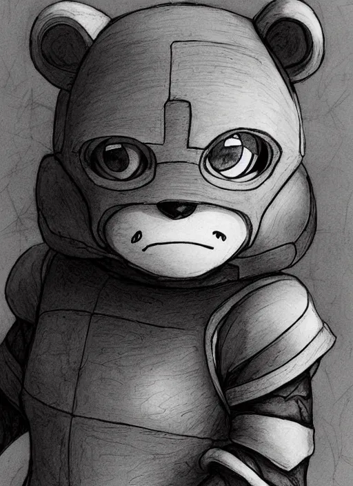 Image similar to beautiful little boy wearing an cyborg bear suit, artwork in kentaro miura and made in abyss and rosdraws, smooth, beautiful lightness, anatomically correct, trending on pixiv, forest