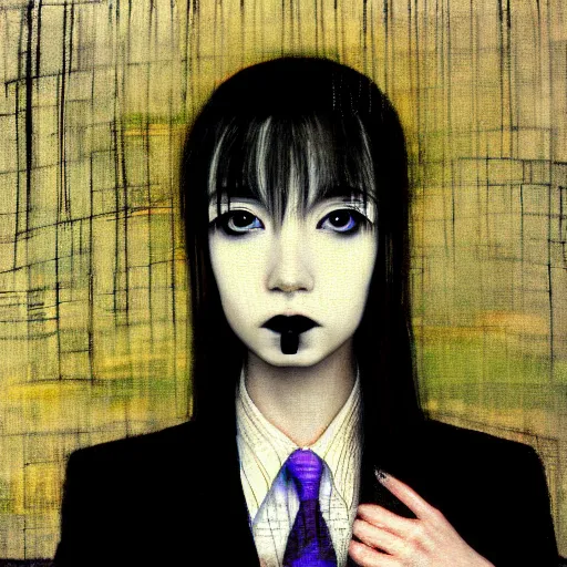 Prompt: yoshitaka amano blurred and dreamy realistic three quarter angle portrait of a young woman with black lipstick and black eyes wearing office suit with tie, junji ito abstract patterns in the background, satoshi kon anime, noisy film grain effect, highly detailed, renaissance oil painting, weird portrait angle, blurred lost edges