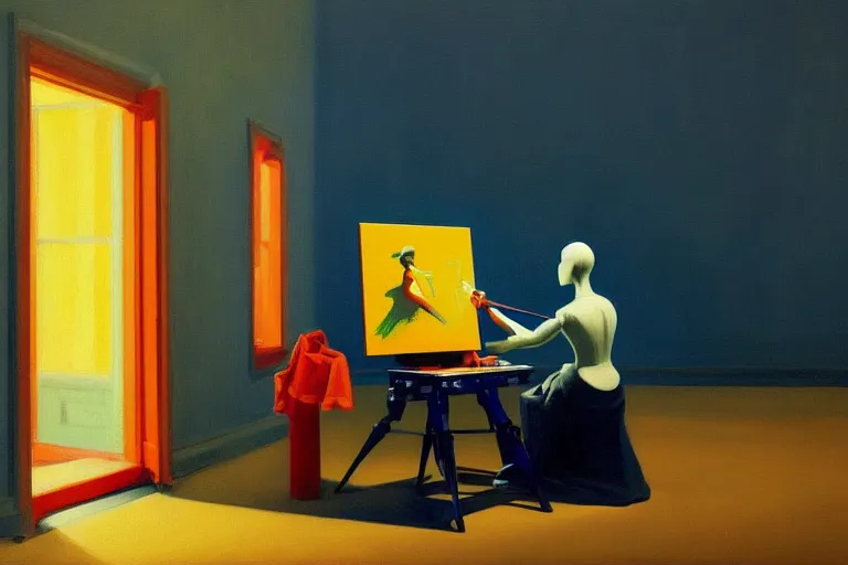 Prompt: beautiful illustration of a robot artist painting an artwork on a canvas with a paintbrush by Edward Hopper, colorful octane render
