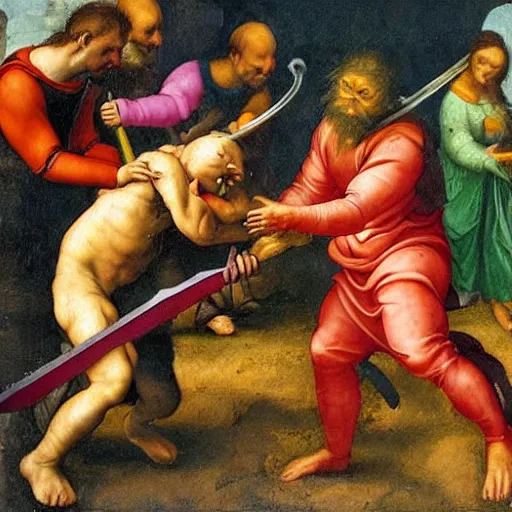 Image similar to renaissance painting of a goblin being slain by a sword, colorful