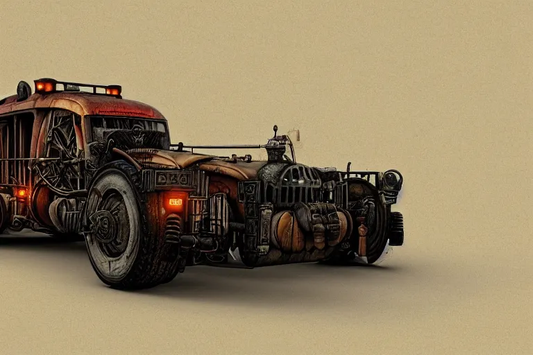 Image similar to hellfire engine strokeed by the echo, mad max, in the style of hannes bok and doug chiang and vernon grant, trending on artstation, back lighting rear view steampunk, blueprint, muted colors, gothic, tachisme