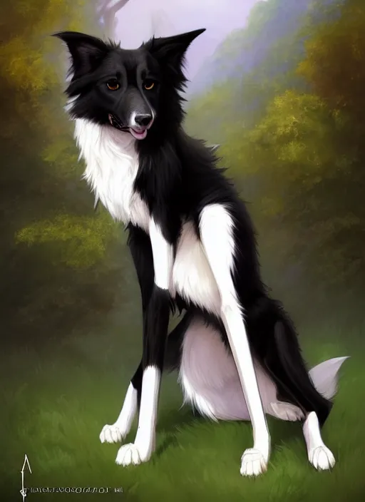 Image similar to wide angle beautiful full body portrait of a cute male anthropomorphic border collie fursona wearing a t - shirt and posing in front of a park, character design by charlie bowater, henry asencio, and ross tran, furry art, furaffinity, scenic background, beautiful, glamor pose, detailed, trending on artstation