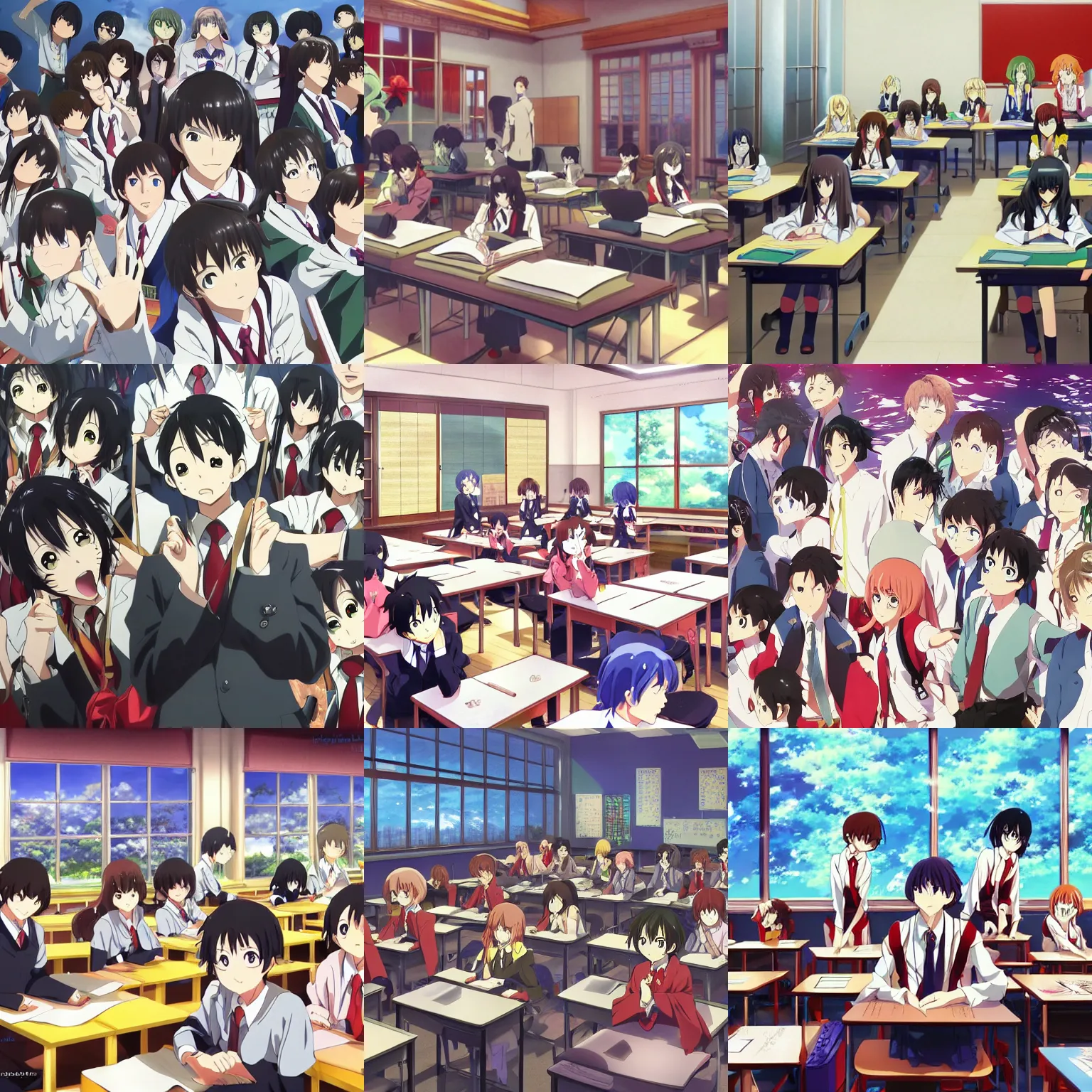 Prompt: Incredibly beautiful anime visual of a classroom, trending on artstation, TV Tokyo 2010s anime series, 4K, art by Hayao Miyazaki, Shigenori Soejima, Mamoru Hosoda