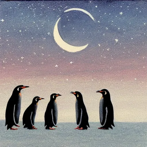 Prompt: three penguins, moon, grassland, starry sky ,artwork by Quint Buchholz .