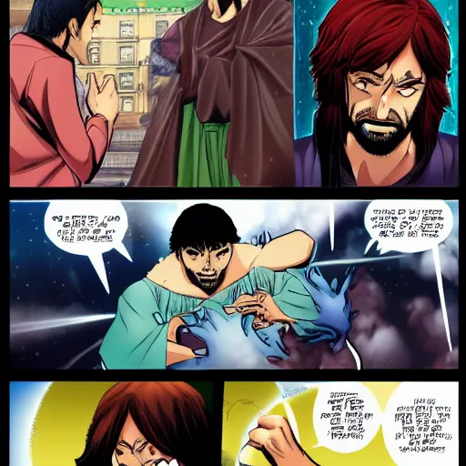 Image similar to Anime Jesus punches Judas comic book manga