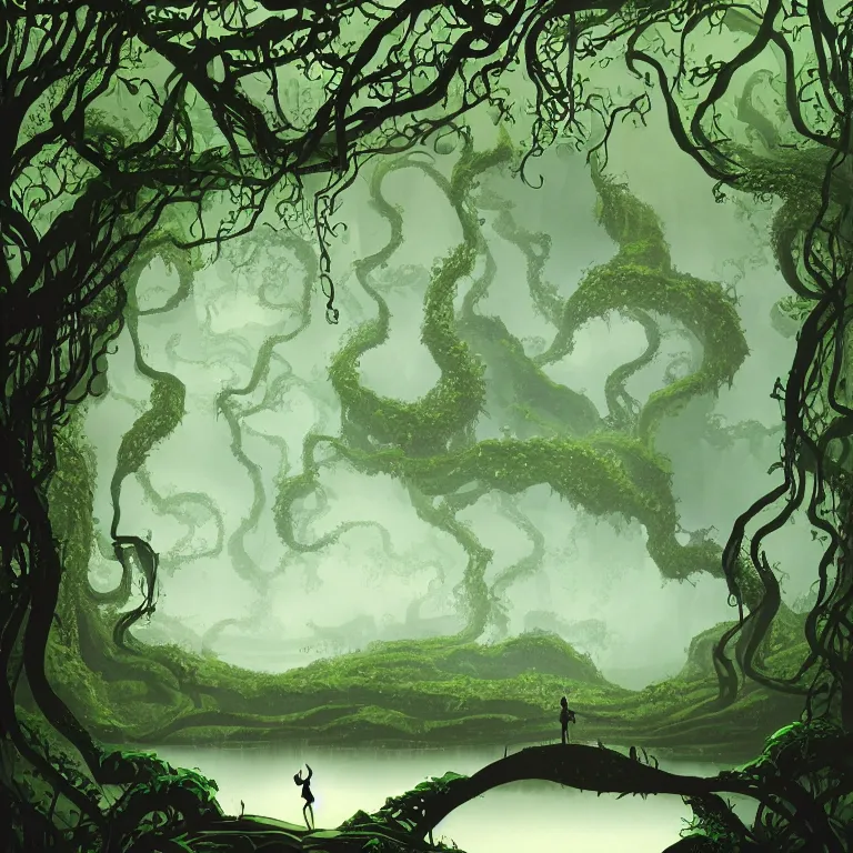 Prompt: concept art of a person in a body of water surrounded by trees, lush vines, a detailed matte painting by eyvind earle, featured on deviantart, fantasy art, matte painting, enchanting