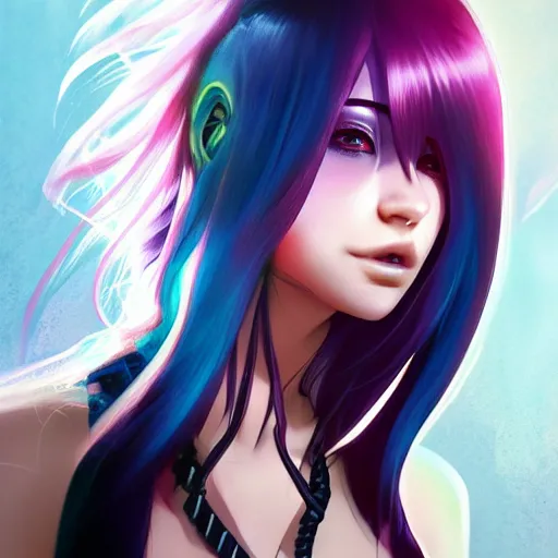 Image similar to half - electric woman, very very anime, cute - fine - face, pretty face, oil slick hair, realistic shaded perfect face, extremely fine details, realistic shaded lighting, dynamic background, artgerm, 8 k ultra realistic, highly detailed, trending on artstation, 4 k