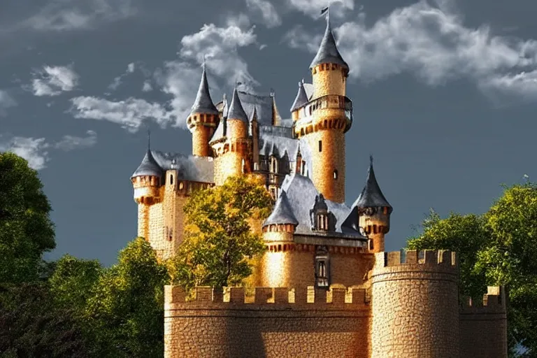 Prompt: castle, chrome, reflect, fantastic, ultra realistic!!!, clear weather, golden hour, sharp focus