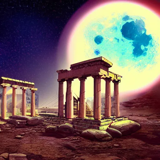 Image similar to ancient greek structure in the moon, retrowave epic art, trending on art station