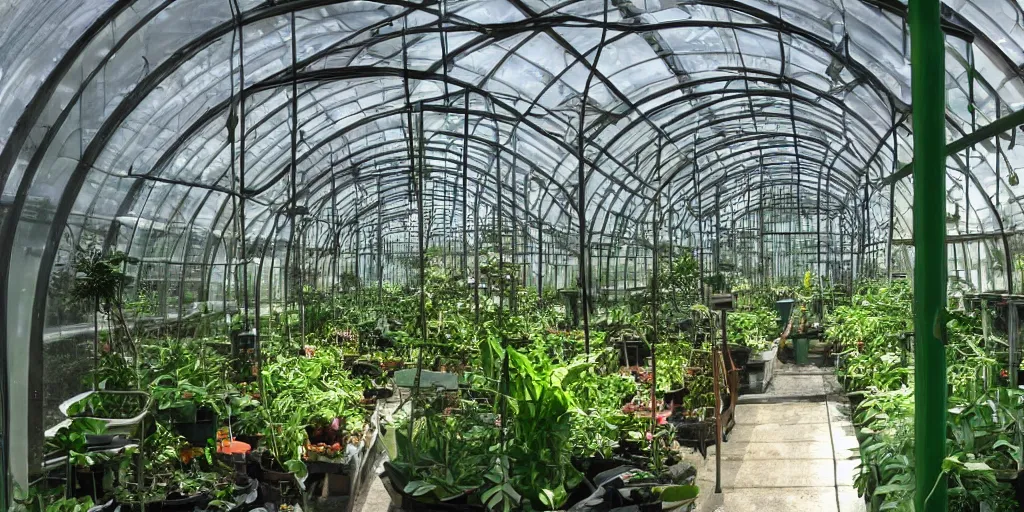 Image similar to interior of experimental greenhouse, cyberpunk.