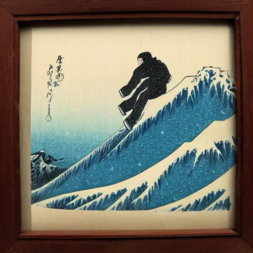 Prompt: man snowboarding with roostertail woodblock print, style of hokusai, fine art, style of kanagawa, winter painting