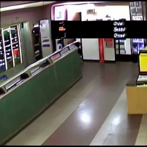 Image similar to A robbery at a gas station. Security camera footage, grainy, low quality.