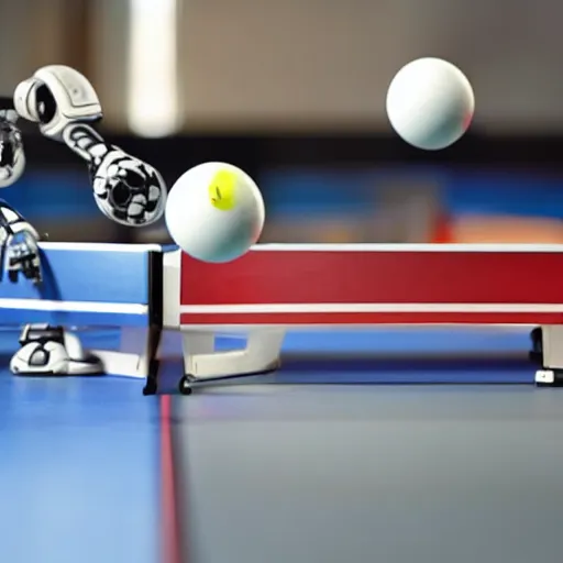 Prompt: two robots playing table tennis on a futuristic table tennis table, amazing detail, photorealistic