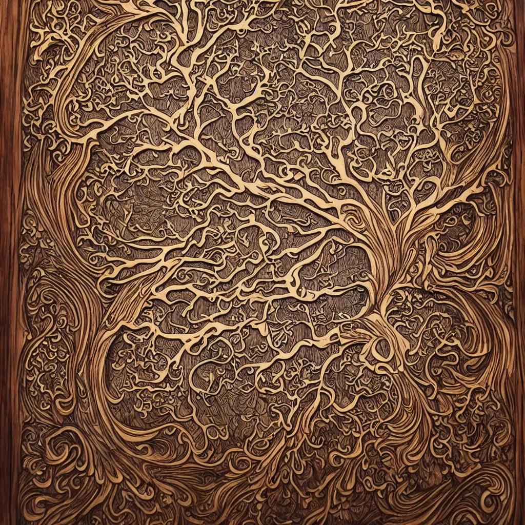 Image similar to wood relief carving of world tree, tree of life, yggdrasil, stygian, evil, shoggoth + exquisite, ornate, intricately carved, fractal, tarot, intricate details, art deco, hokusai, mohrbacher, alphonse mucha, photo realistic, redshift, spotlight