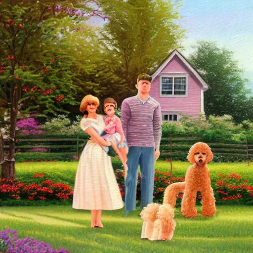 Prompt: painting of a mom, dad, toddler and brown poodle in front of 1 9 6 0's white farm house, in the style of thomas kinkade