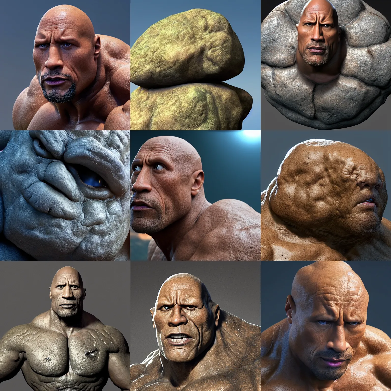 Image similar to dwayne johnson is a boulder rock made of stone, the thing for fantastic 4, octane render, 8 k cinematic still, highly detailed, sculpted in zbrush, textured in substance, featured on artstation