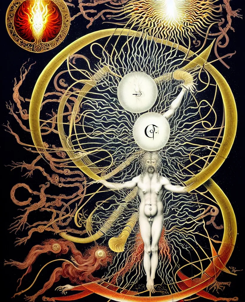 Image similar to a strange mythical creature radiates a unique canto'as above so below'while being ignited by the spirit of haeckel and robert fludd, breakthrough is iminent, glory be to the magic within, in honor of jupiter's day, painted by ronny khalil