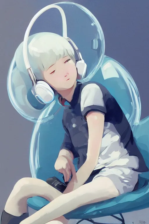 Image similar to a cute young woman listening to music in a bubble chair with her eyes closed and wearing headphones, white bob cut hair, freckles, cozy setting, blue filter, blue and white, soft lighting, cinematic, moody, nier automata, poster, oil on canvas, in the style of Ilya Kuvshinov, Krenz Cushart, Range Murata, 8k