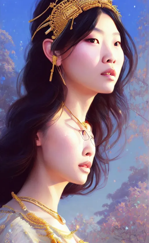 Image similar to a beautiful young charming asian goddess with sundress and jewelry | | winter, realistic shaded, unpleasant face, good looking, fine details, dior, lv, realistic shaded lighting poster by greg rutkowski, macoto takahashi, magali villeneuve, artgerm, jeremy lipkin and michael garmash