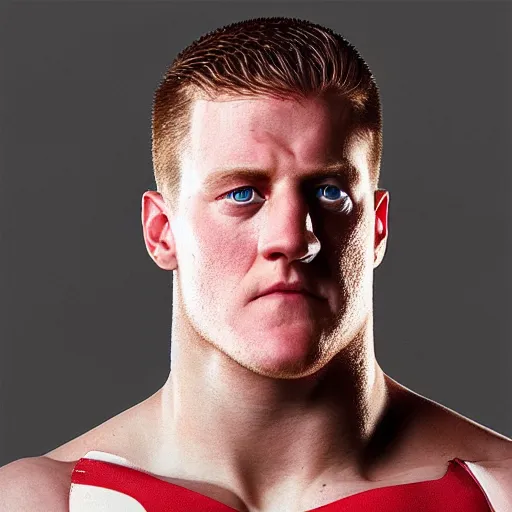 Image similar to “a realistic detailed photo of a guy who is an attractive humanoid who is half robot and half humanoid, who is a male android, JJ Watt, shiny skin, posing like a statue, blank stare”