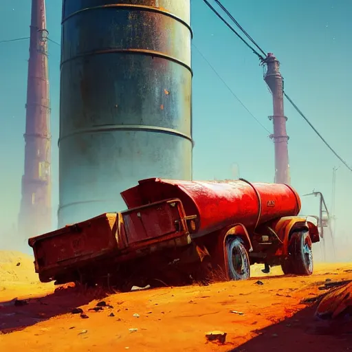 Image similar to red rusty oil - drum with a pack of dynamite on it's side in gta v, stephen bliss, unreal engine, fantasy art by greg rutkowski, loish, rhads, ferdinand knab, makoto shinkai and lois van baarle, ilya kuvshinov, rossdraws, tom bagshaw, global illumination, detailed and intricate environment