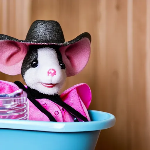 Image similar to mouse with pink cowboy hat in the bathroom, photo realistic, f 1. 4, 1 0 0 mm lens, nat geo award winner, eos, sharp focus, bokeh