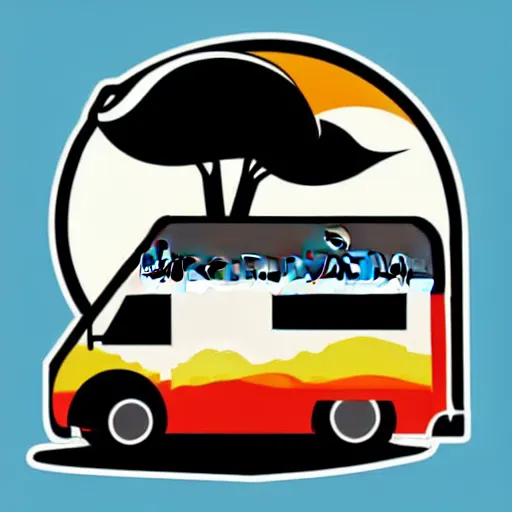 Image similar to vector art of a white and black cute thor chateau! motorhome camper!!, highway, mountains and colorful sunset!!, very happy, minimal vector art sticker!! by tom whalen, sanja stikovic