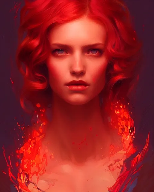 Image similar to emily rajtkowski, lake, red, flames everywhere, highly detailed, digital painting, artstation, concept art, smooth, sharp focus, illustration, art by artgerm and greg rutkowski and alphonse mucha