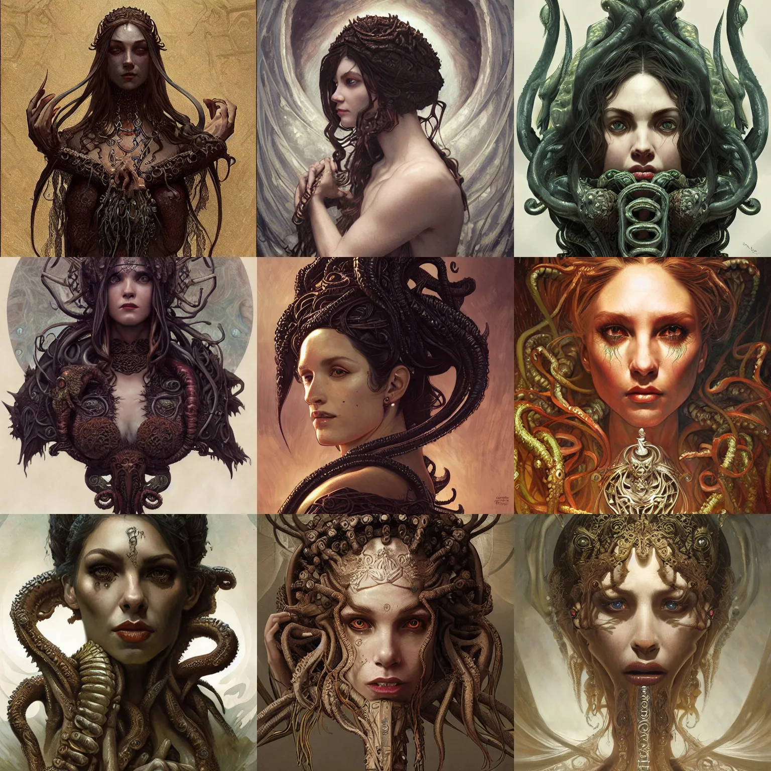 Prompt: a portrait of a ancient cthulhu goddess, D&D, fantasy, intricate, highly detailed,, artstation, concept art, smooth, sharp focus,, art by caravaggio and artgerm and greg rutkowski and alphonse mucha