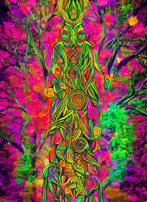 Image similar to a psychedelic totem made of trees and multicolor flowers, fulcolor octane remder, cinematic