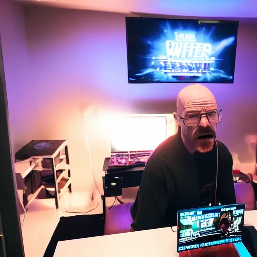 Image similar to dslr photo of walter white as a twitch streamer, playing video games, room lit with leds. he is screaming at the screen. realism, sharp focus, volumetric lighting